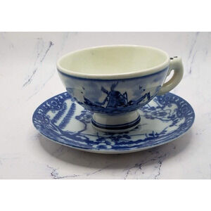 Vintage INARCO Japan Tea Cup Saucer Dutch Windmill Blue White Berries Blossoms
